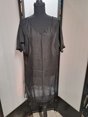 Black Beaded Fringe Sheer Tunic Dress